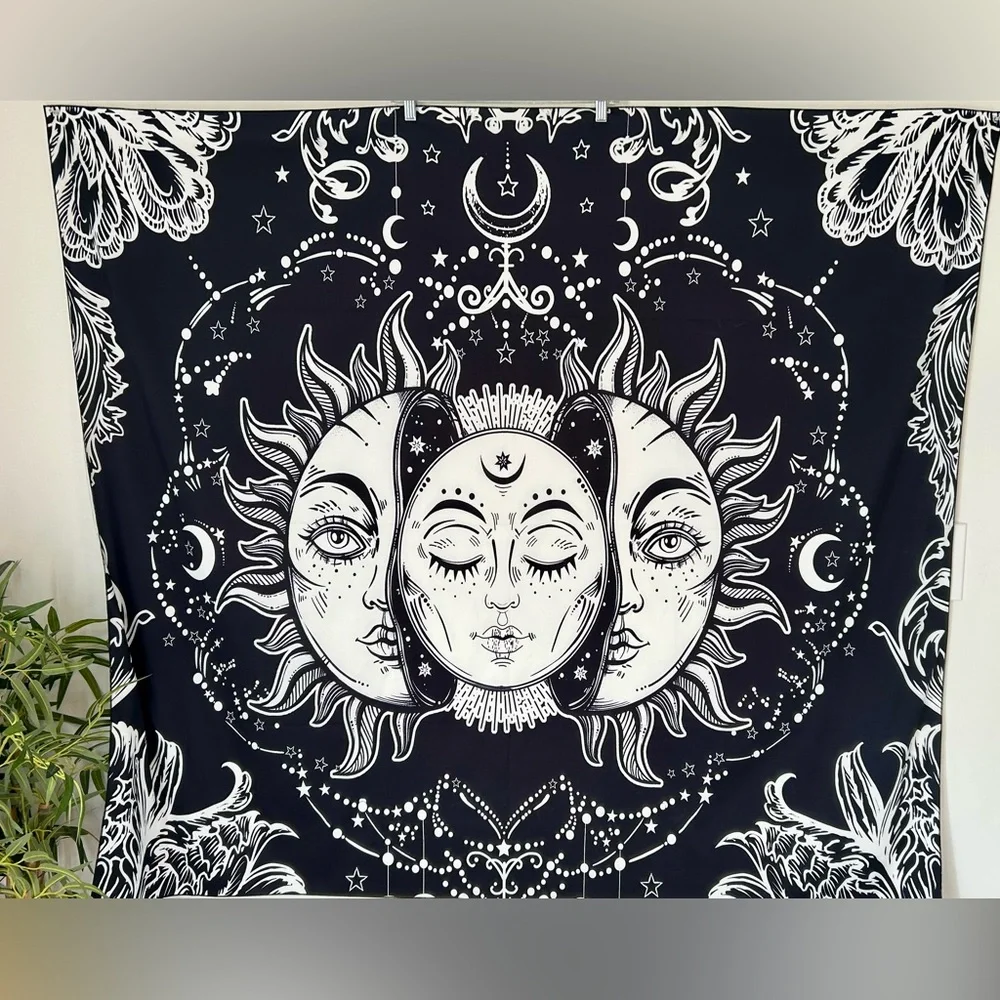 Sun and Moon Black and White 56” x 50” Tapestry